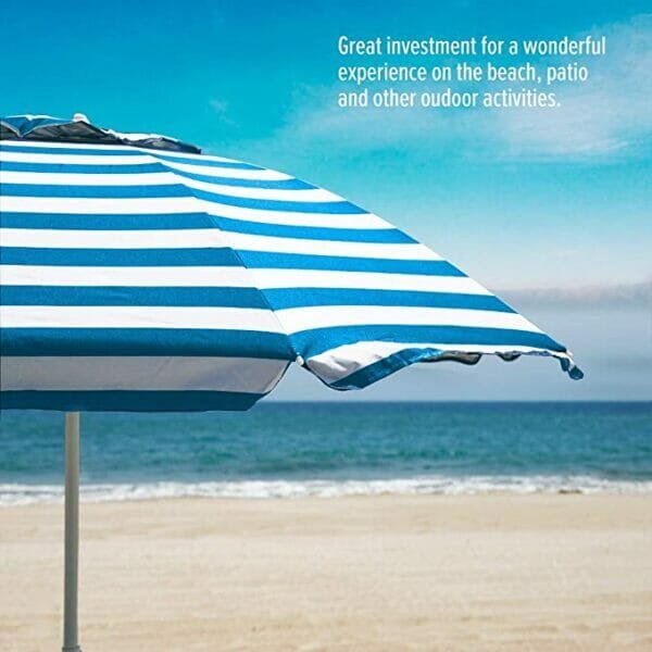 blue and white striped beach umbrella