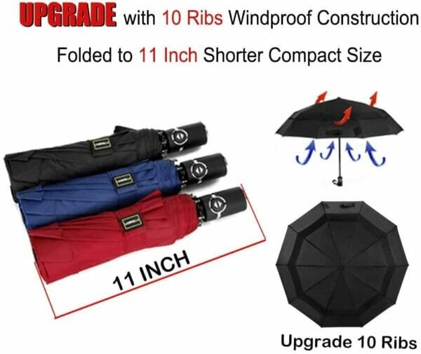 Red, blue, and black folding umbrellas