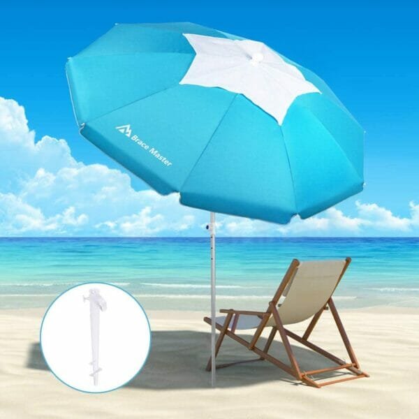 blue beach umbrella with sand anchor