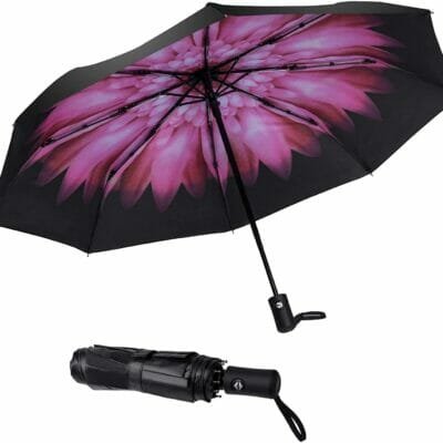 Budget compact travel umbrella with flower design open and closed
