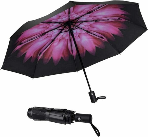 Budget compact travel umbrella with flower design open and closed