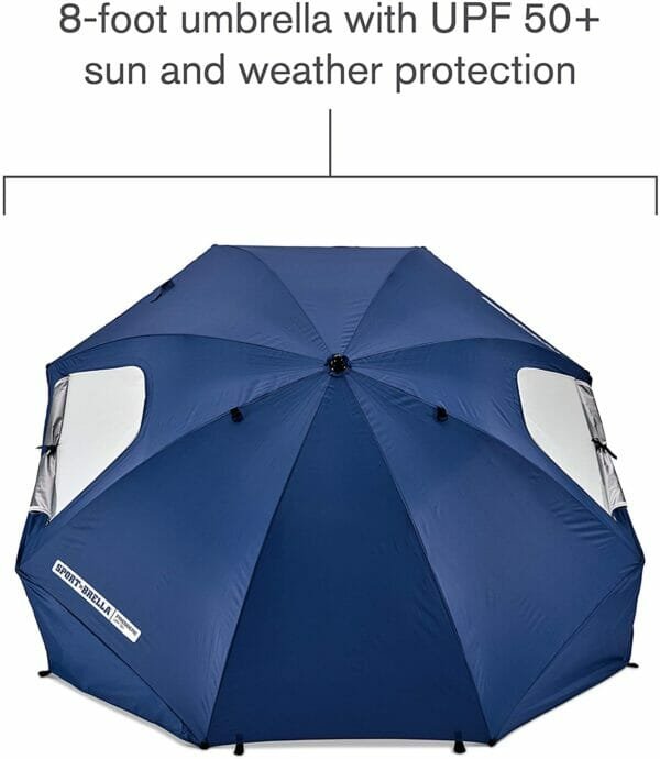 Blue 8 foot UPF50+ beach umbrella with sides for sun and rain