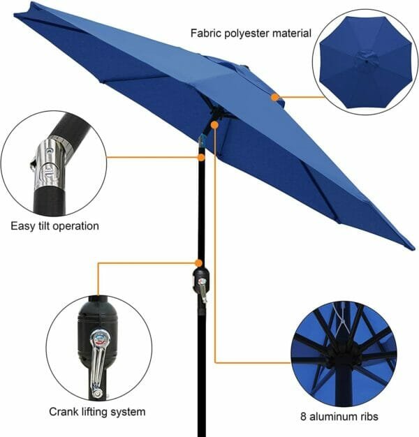 Blue polyester patio umbrella functions