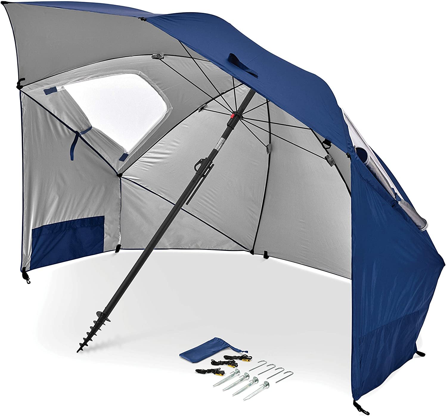 blue and grey UPF50+ beach umbrella with sides for sun and rain