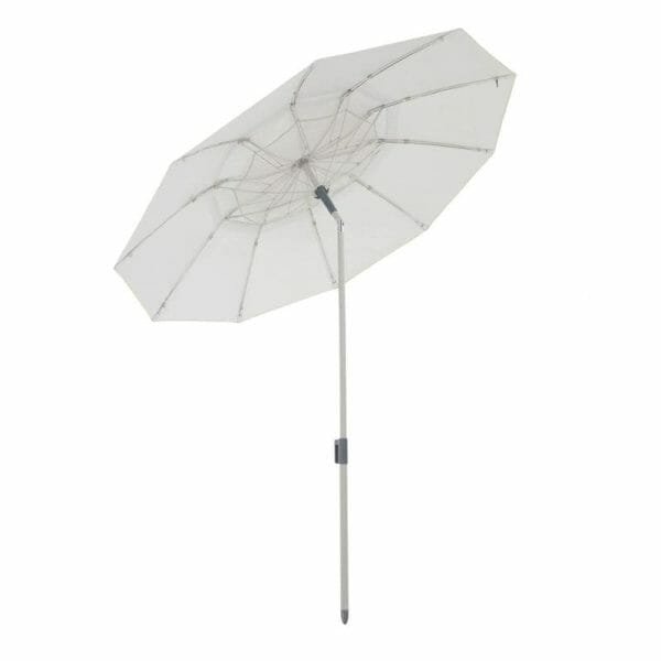 A 6.5 Ft Double Layer Polyester Beach Umbrella on a stand against a white background.