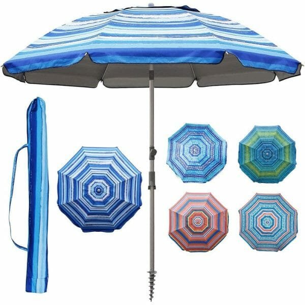 A 7.2 Ft Double Layer 210g Oxford Beach Umbrella with a blue and white striped cover.