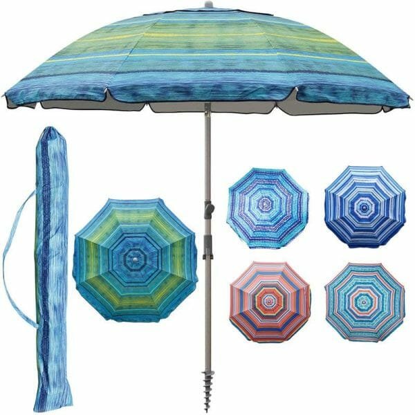 A 7.2 Ft Double Layer 210g Oxford Beach Umbrella with different colors and accessories.