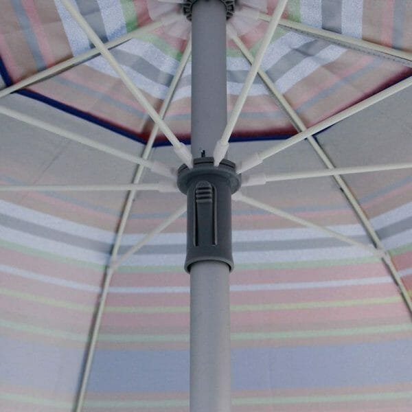 A close up of a 7.2 Ft Double Layer 210g Oxford Beach Umbrella with a multi colored stripe.