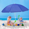 a little boy sitting at a beach umbrella in the rain