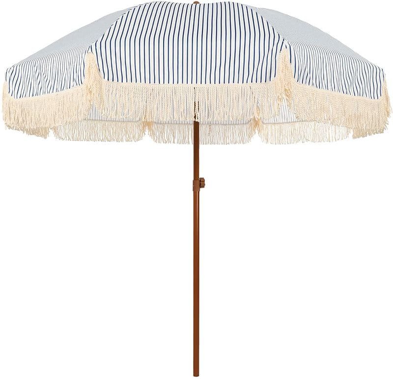 A 1.8M Fringe 400g Polyester Beach Umbrella with tassels.