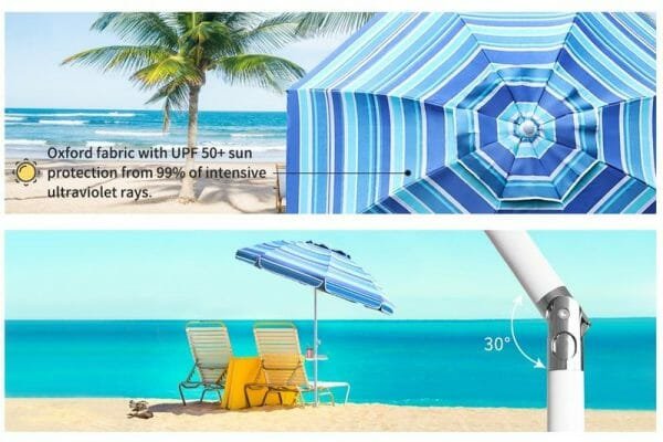 Two pictures of an Aluminum Beach Umbrella | ARDECO on the beach.