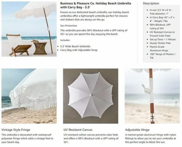 A 5.5 Ft Fringe Cotton Beach Umbrella is shown on a web page.