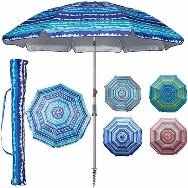 A 7.2 Ft Double Layer 210g Oxford Beach Umbrella with a blue and white pattern.