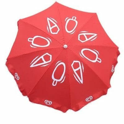 A 1.8M Advertising Beach Umbrella with white designs on it.
