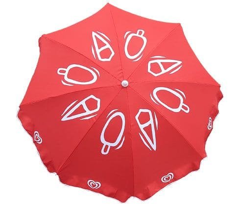 A 1.8M Advertising Beach Umbrella with white designs on it.