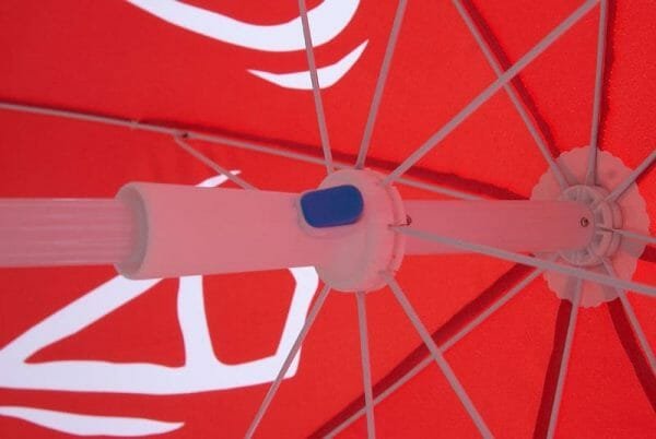 A 1.8M Advertising Beach Umbrella with a white logo on it.