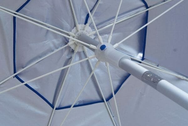 A close up of a Polyester Beach Umbrella (2M Advertising) with a blue handle.