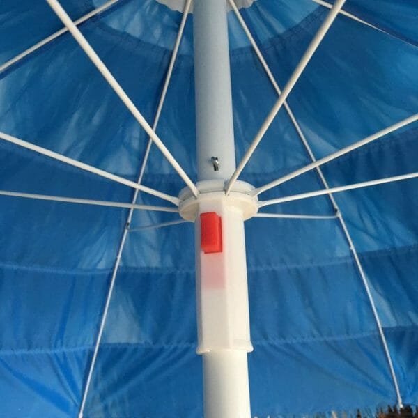 A 7.5 Ft Polyester Beach Umbrella with a red light on it.
