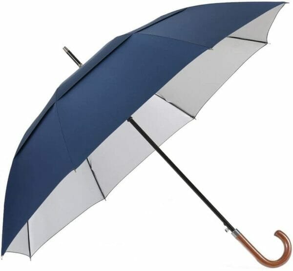 A 25inch Double Layer Golf Umbrella with a wooden handle.