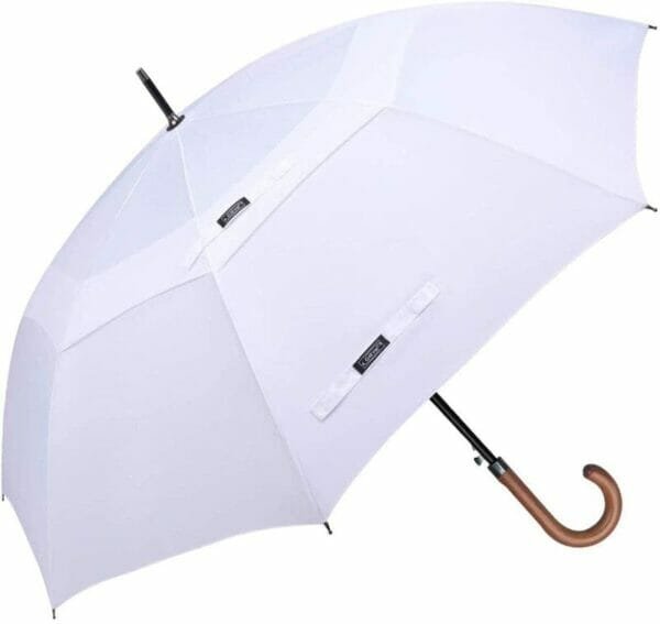 A 25inch Double Layer Golf Umbrella with a wooden handle.