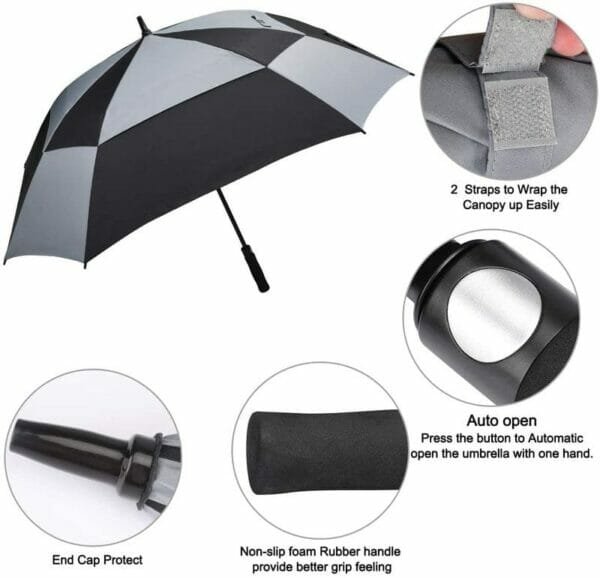 A black and grey 30inch Double Layer Golf Umbrella Square with a black handle and a black handle.