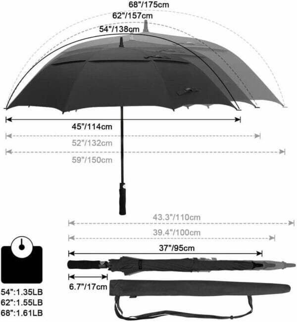 A 32inch Double Layer Golf Umbrella with measurements and measurements.