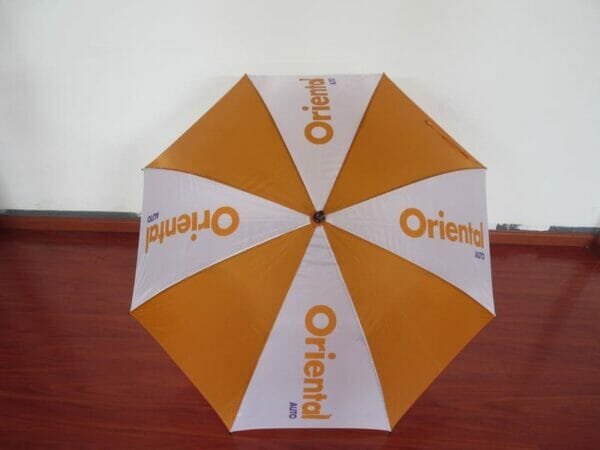 An orange and white 27Inch Single Layer Auto Golf Umbrella | ARDECO with a logo on it.