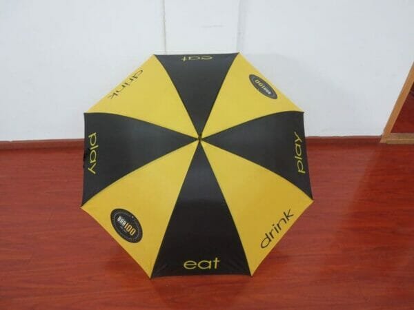 A yellow and black 30inch Cheap Golf Umbrella with a logo on it.
