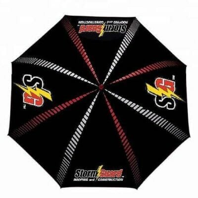 A black and white 32in Single Layer Auto Golf Umbrella with a logo on it.