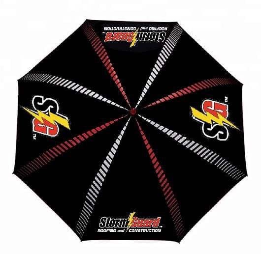 A black and white 32in Single Layer Auto Golf Umbrella with a logo on it.