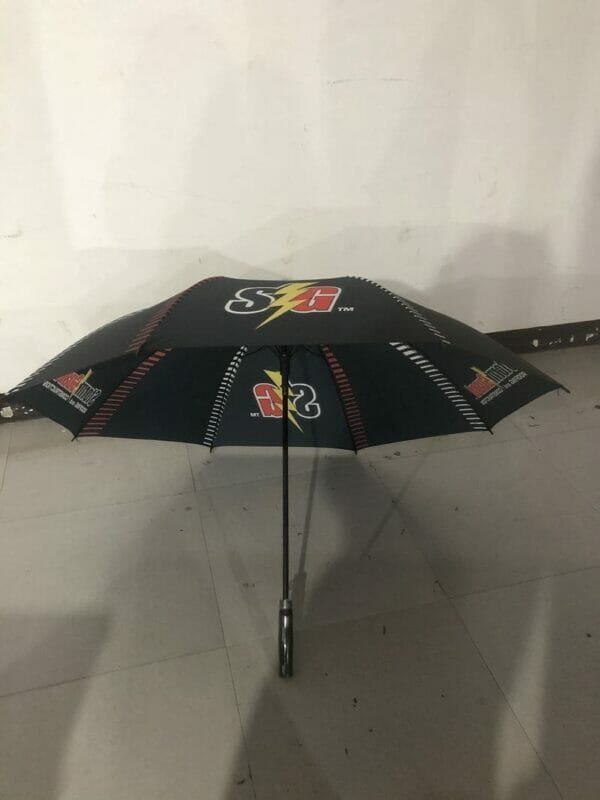 A 32in Single Layer Auto Golf Umbrella with a logo on it.