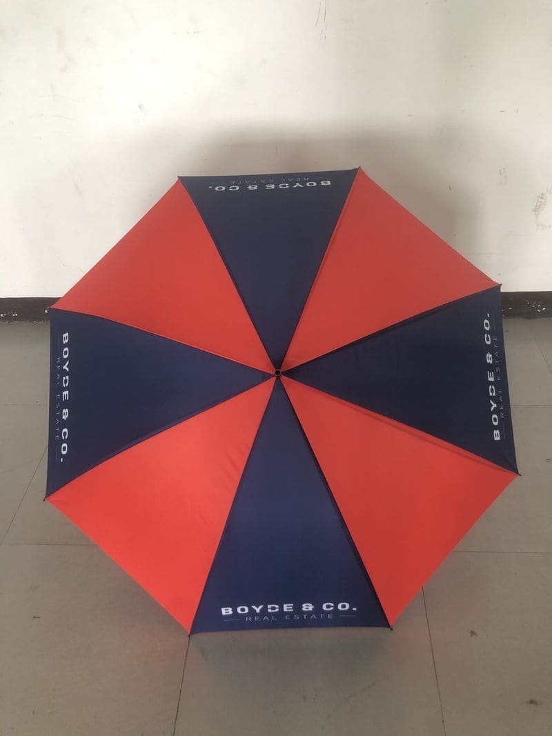 A 30in Single Layer Auto Golf Umbrella 190T Duo with a logo on it.