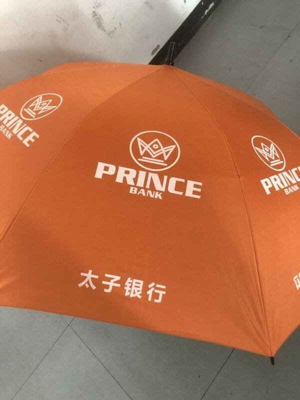 A 30in Black Single Layer Auto Golf Umbrella with the word prince on it.