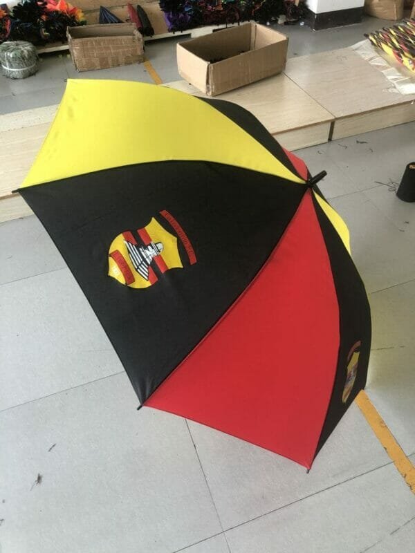 A 30in 190T Single Layer Auto Golf Umbrella with a red, yellow and black design.