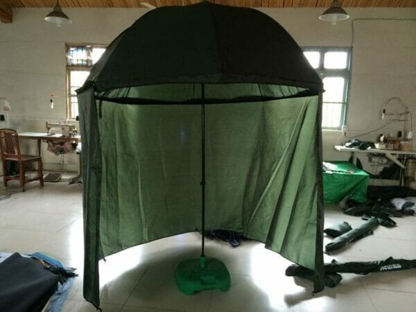a room with a green umbrella